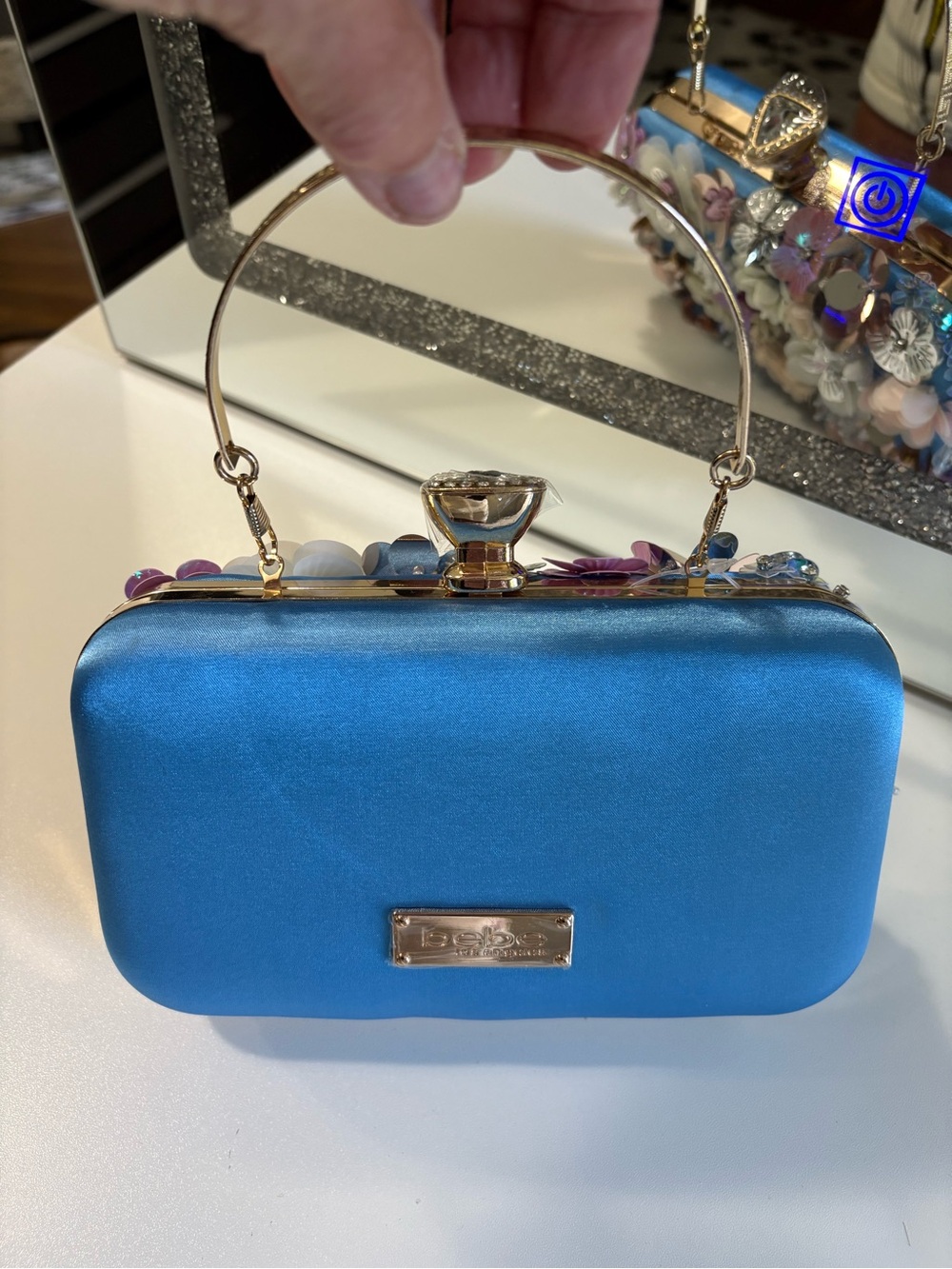 bebe Blue Floral Sequin Evening Clutch with Gold Handle - Picture 2 of 8